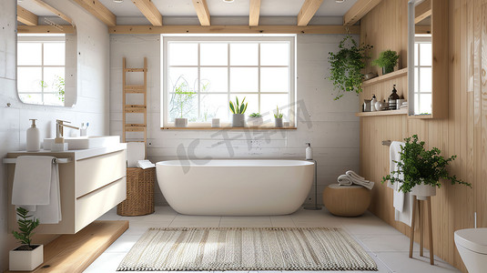 浴室浴缸地毯盆栽摄影照片