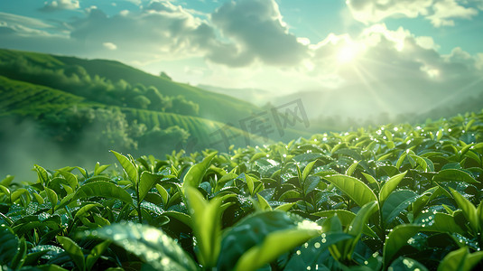 清新绿色茶叶摄影照片_阳光下绿色茶园的摄影图片