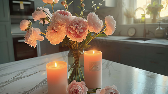 桌面蜡烛花束装饰摄影照片