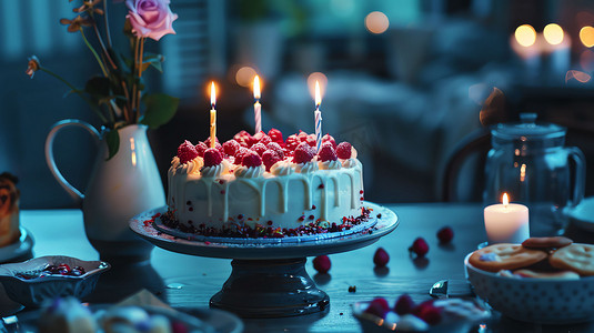 蛋糕生日蜡烛摄影照片_室内蜡烛蛋糕生日摄影照片
