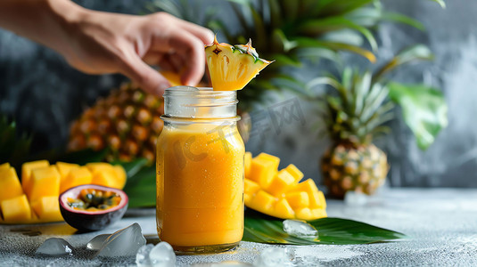 菠萝芒果榨汁饮料摄影照片