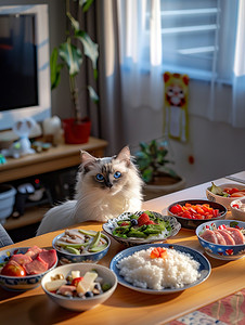 食物摄影照片_丰盛美食前的猫咪高清摄影图
