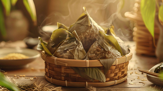 竹篮粽子糯米美味摄影照片