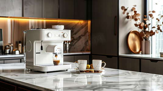 机摄影照片_豪华厨房大理石台面咖啡机高清摄影图