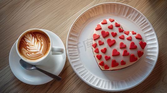 爱心咖啡摄影照片_精致咖啡蛋糕的摄影摄影配图