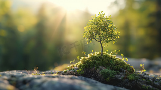 阳光照射岩石上树木的摄影高清图片