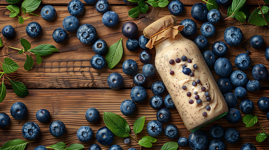 蓝莓酸奶摄影照片_美味蓝莓酸奶木桌摄影照片