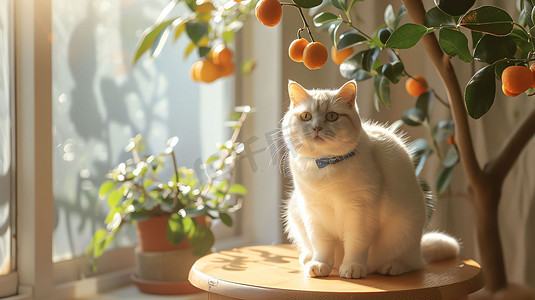 室内果植猫咪窗台摄影照片