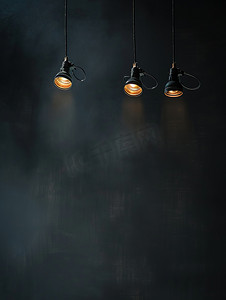 三个舞台聚光灯悬挂在黑色背景高清图片
