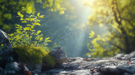森林摄影照片_阳光照射岩石上树木的摄影摄影照片