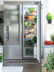 现代厨房打开的冰箱高清图片