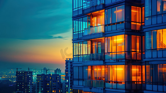 写字楼玻璃外墙摄影照片_黄昏时刻的现代化城市建筑图片