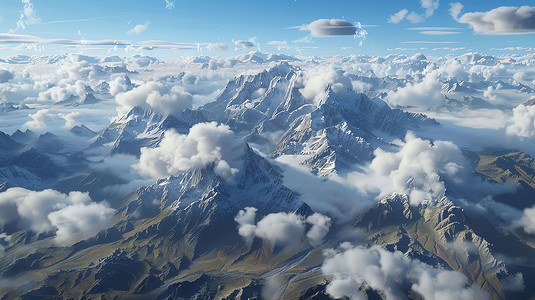 蓝天白云俯瞰山脉摄影照片