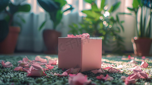 粉色礼盒花瓣阳光摄影照片