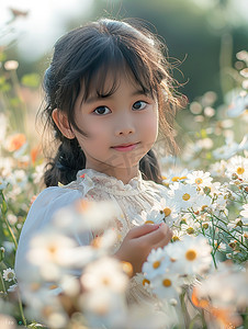 花朵丛中的小女孩高清摄影图