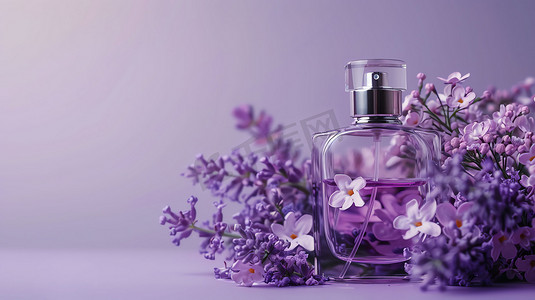 神秘紫色花朵化妆品摄影照片