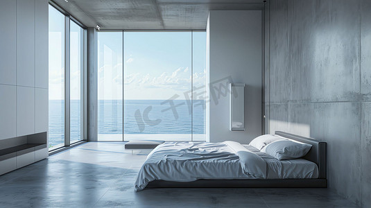 海景房落地窗床铺风景摄影照片