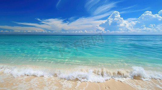 蓝天白云下海浪沙滩的摄影摄影配图