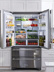 家电厨房摄影照片_现代厨房打开的冰箱摄影配图