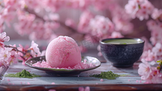 球形脉络摄影照片_粉色球形冰淇淋抹茶粉摄影照片