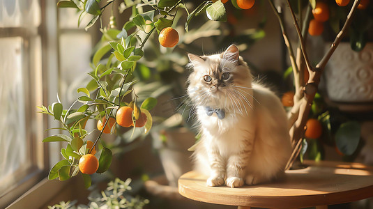 aigc猫咪摄影照片_室内果植猫咪窗台摄影照片