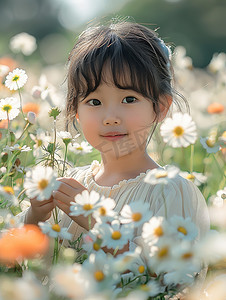 花朵丛中的小女孩高清摄影图