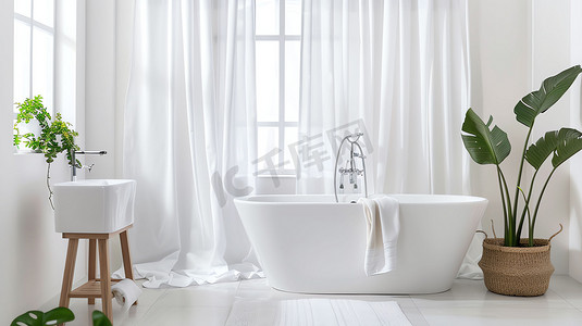 室内浴缸窗帘盆栽摄影照片