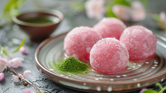 粉色球形冰淇淋抹茶粉摄影照片