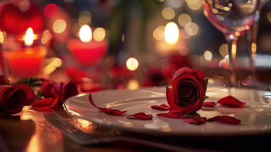 情人节晚餐摄影照片_餐盘上的红玫瑰情人节图片