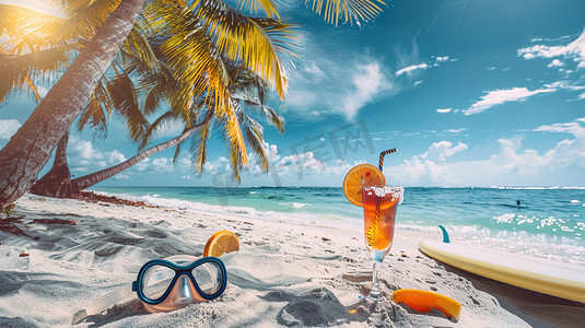 夏季沙滩饮料树木的摄影摄影配图