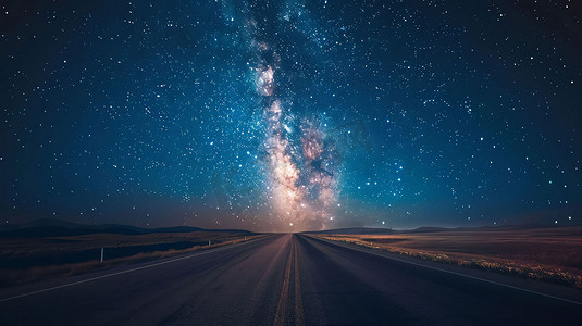 公路延伸银河星空摄影照片