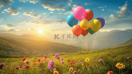 蓝天热气球背景背景图片_草原上空的气球背景