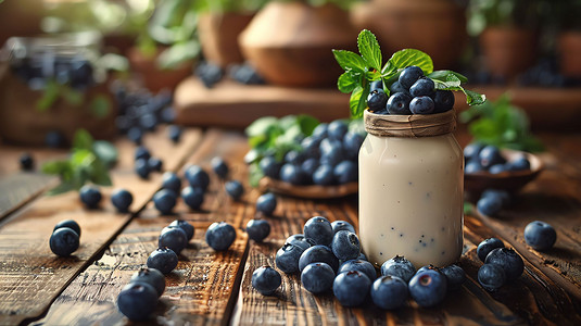美味蓝莓酸奶木桌摄影照片