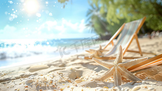 夏天沙滩海报摄影照片_沙滩上遮阳伞海螺的摄影摄影配图