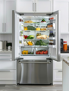 现代厨房打开的冰箱摄影配图