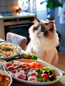 美食摄影照片_丰盛美食前的猫咪照片