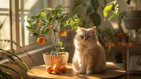 室内果植猫咪窗台摄影照片