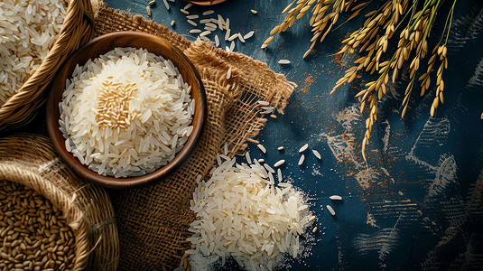稻米摄影照片_稻米木碗粮食米粒摄影照片