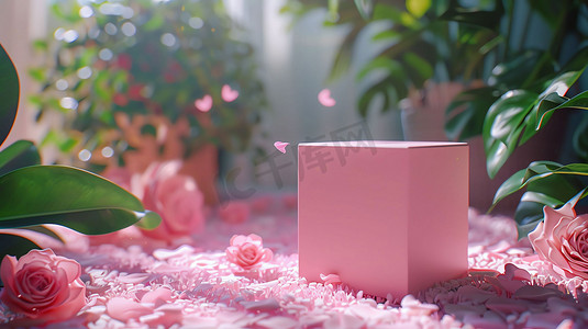 粉色礼盒花瓣阳光摄影照片