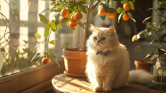 室内果植猫咪窗台摄影照片