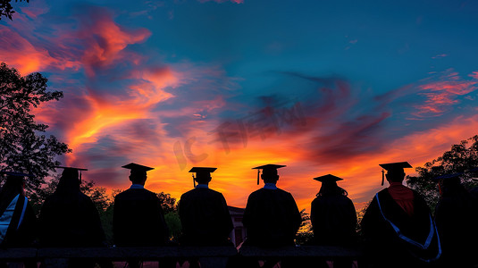 黄昏彩霞天空下的一群毕业生背影图片