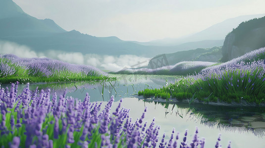 山脉湖泊紫色薰衣草摄影照片