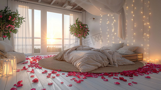 室内卧室床铺花瓣摄影照片