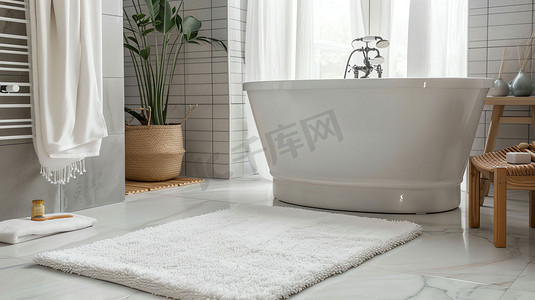 浴室地毯摄影照片_浴室浴缸地毯盆栽摄影照片