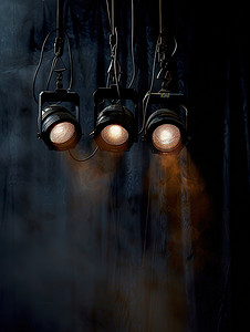 三个舞台聚光灯悬挂在黑色背景高清摄影图