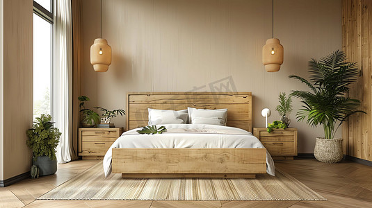 室内卧室床铺实木摄影照片