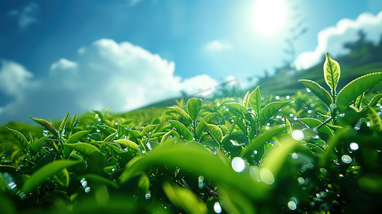 风景摄影照片_阳光下绿色茶园的摄影摄影配图