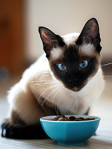 暹罗猫和碗里的猫粮摄影照片
