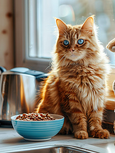 可爱美丽的橘猫和猫粮图片