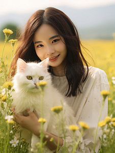 美女在公园抱着猫咪照片